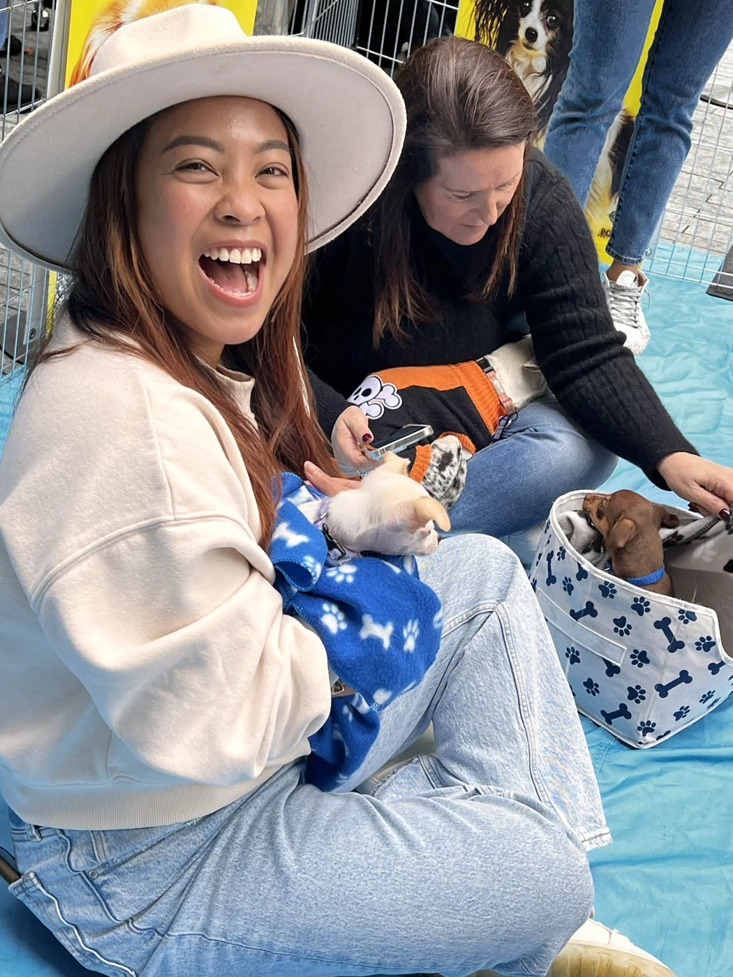 A girl in white clothing holding an adorable puppy love™ furry companion - company wellness programs.