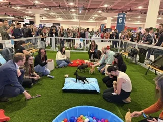 A crowded event space featuring a green-carpeted puppy play zone where several attendees sit on the grass interacting with active puppies while a large crowd watches from behind the fence.