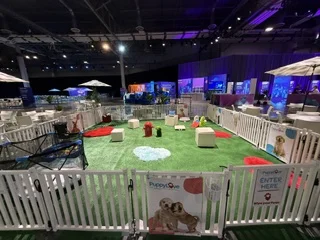 Puppy love™ indoor puppy therapy event with a secure fenced play area at a corporate venue.