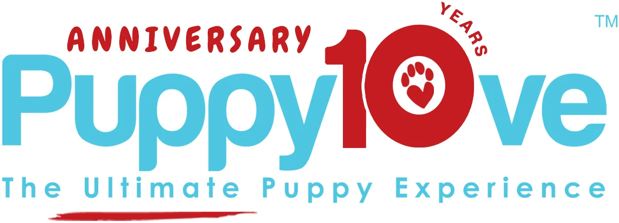 Puppy Love 10th Anniversary logo with light blue "Puppy Love" text, red "ANNIVERSARY 10 YEARS" lettering, and the tagline "The Ultimate Puppy Experience".