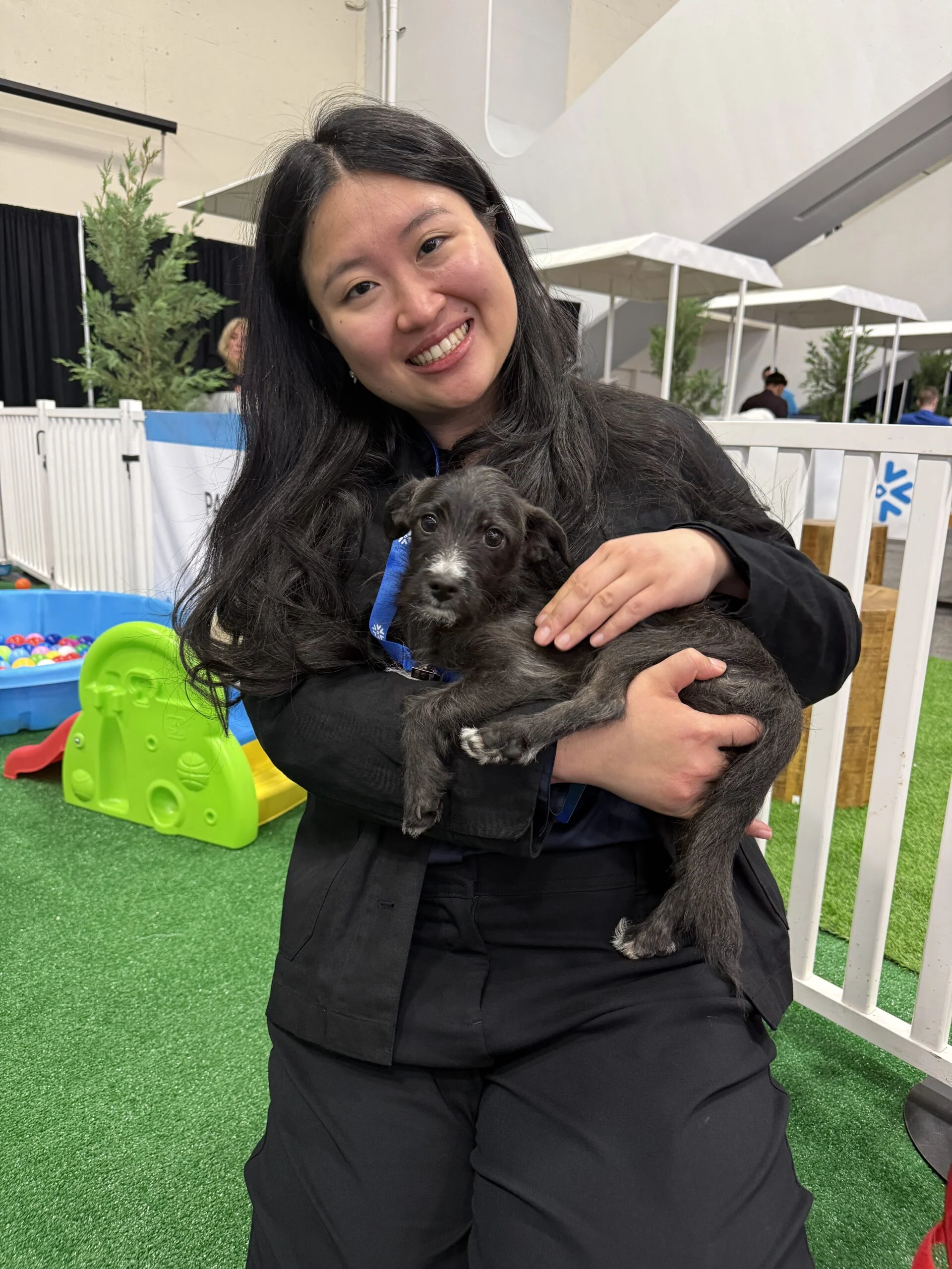 A smiling woman with long dark hair, wearing a black jacket and black trousers, kneels on green artificial turf while holding a small, scruffy dark grey puppy in her arms.